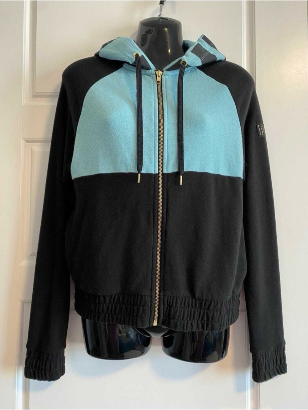 PINK Victoria's Secret Black and Light Blue Zip Front Hooded Bomber